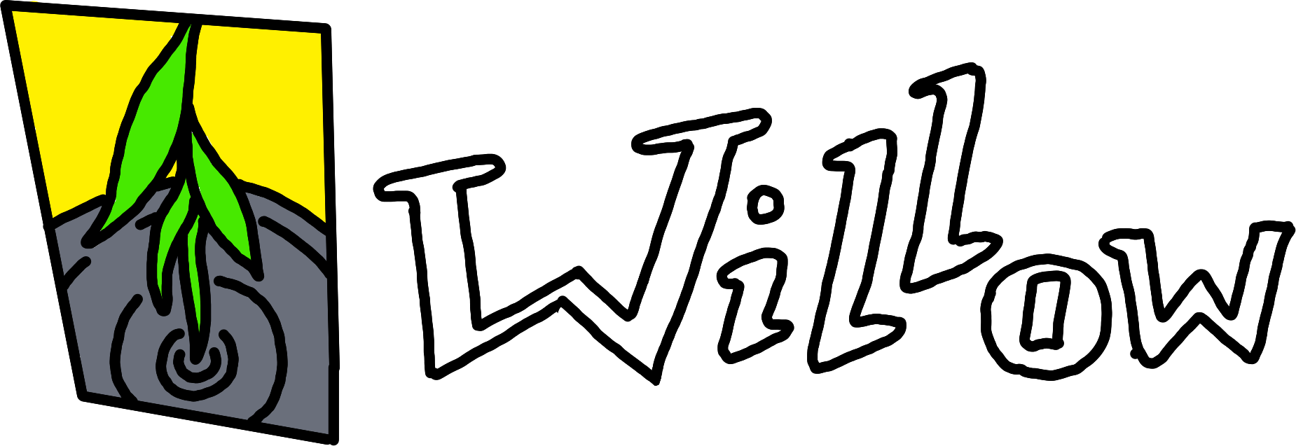 A Willow emblem: a stylised drawing of a Willow’s branch tipping into a water surface, next to a hand-lettered display of the word "Willow".